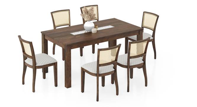 Brighton XL 6 Seater Dining Table with Reed cane dining chairs (Grey Floral, Danish Walnut Finish, 6 No of Chairs, 6 Table Seating Capacity) by Urban Ladder - - 1002375