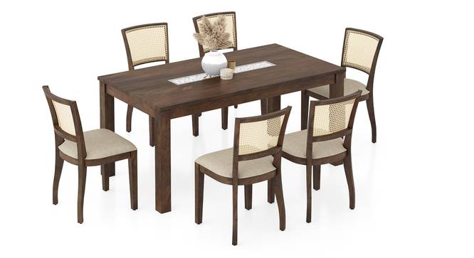 Brighton XL 6 Seater Dining Table with Reed cane dining chairs (Macadamia Brown Hopsack Weave, Danish Walnut Finish, 6 No of Chairs, 6 Table Seating Capacity) by Urban Ladder - - 1002376