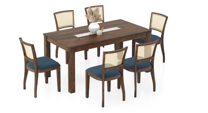 Brighton XL 6 Seater Dining Table with Reed cane dining chairs (Night Blue Velvet, Danish Walnut Finish, 6 No of Chairs, 6 Table Seating Capacity) by Urban Ladder - - 1002377