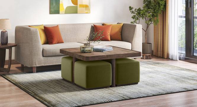 Tetra Square Solid Wood Coffee Table With Seats in Danish Walnut Finish Fabric Olive (Danish Walnut Finish) by Urban Ladder - - 1002786