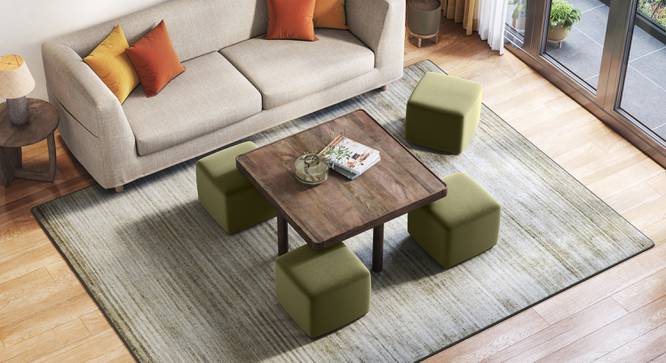 Tetra Square Solid Wood Coffee Table With Seats in Danish Walnut Finish Fabric Olive (Danish Walnut Finish) by Urban Ladder - - 1002787