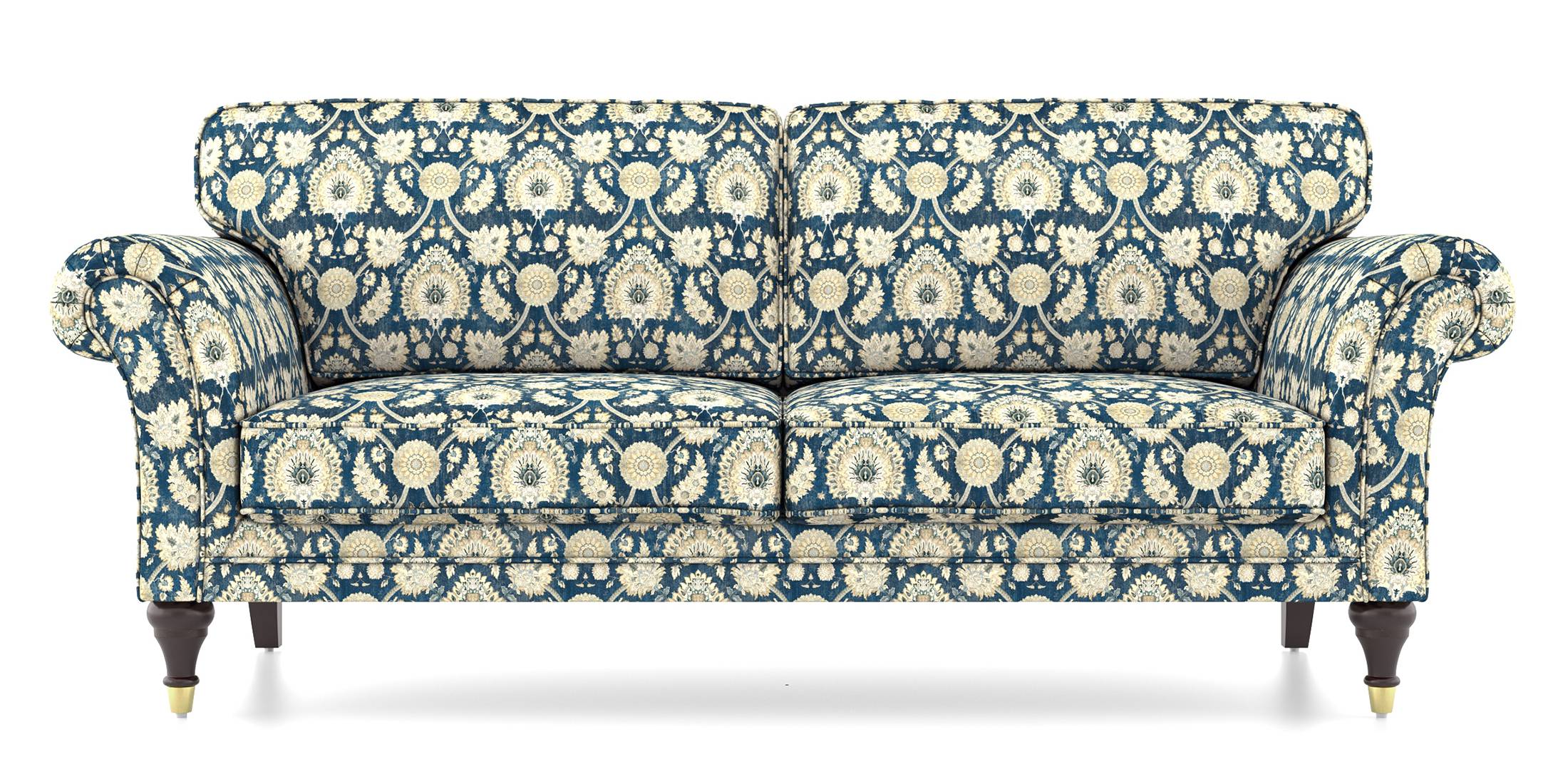 Amara Fabric Sofa (Blue Floral Damask Print) (1-seater Custom Set - Sofas, None Standard Set - Sofas, Fabric Sofa Material, Regular Sofa Size, Regular Sofa Type, Cedar Brown) by Urban Ladder - - 