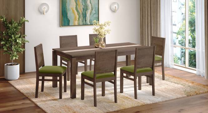 Atlas Crest Solid Wood 6 Seater Dining Table With Atlas Dining Chairs Set (Avocado Green, Danish Walnut Finish, 6 No of Chairs, 6 Table Seating Capacity) by Urban Ladder - - 