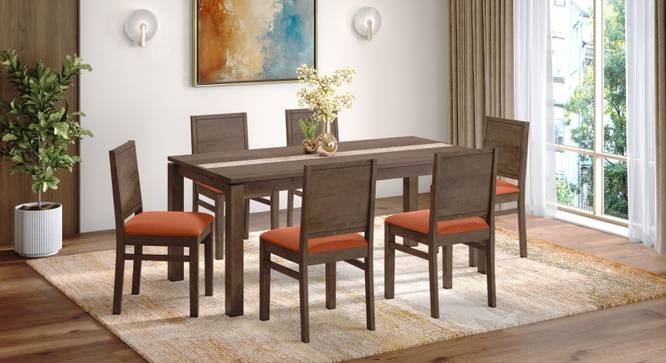 Atlas Crest Solid Wood 6 Seater Dining Table With Atlas Dining Chairs Set (Burnt Orange, Danish Walnut Finish, 6 No of Chairs, 6 Table Seating Capacity) by Urban Ladder - - 