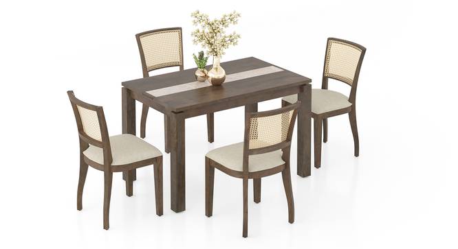 Atlas Crest Solid Wood 4 Seater Dining Table In Danish Walnut Finish With Reed Dining Chairs Set (Macadamia Brown Hopsack Weave, Danish Walnut Finish, 4 No of Chairs, 6 Table Seating Capacity) by Urban Ladder - - 