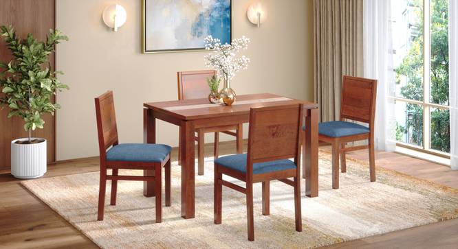 Atlas Crest Storage Solid Wood 4 Seater Dining Table In Honey Finish with Atlas Dining chairs Set (HONEY Finish, Baltic Blue, 4 No of Chairs, 4 Table Seating Capacity) by Urban Ladder - - 1003485