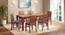 Atlas Crest Solid Wood 6 Seater Dining Table In Honey Finish with Atlas Dining Chair set (HONEY Finish, Baltic Blue, 6 No of Chairs, 6 Table Seating Capacity) by Urban Ladder - - 1003611