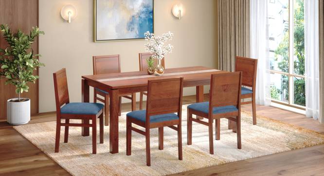 Atlas Crest Storage Solid Wood 6 Seater Dining Table In Honey Finish With Atlas Dining Chairs Set (HONEY Finish, Baltic Blue, 6 No of Chairs, 6 Table Seating Capacity) by Urban Ladder - - 