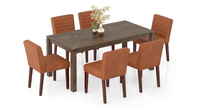 Atlas Solid Wood 6 Seater Dining Table in Danish Walnut Finish with  Set of 6 Ludo upholstered dining chair in Tan Leatherette (Tan Leatherette, Danish Walnut Finish, 6 No of Chairs, 6 Table Seating Capacity) by Urban Ladder - - 1004069