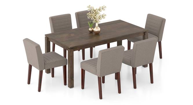 Atlas Solid Wood 6 Seater Dining Table in Danish Walnut Finish with  Set of 6 Ludo upholstered dining chair in Tan Leatherette (Shitake Beige, Danish Walnut Finish, 6 No of Chairs, 6 Table Seating Capacity) by Urban Ladder - - 1004070