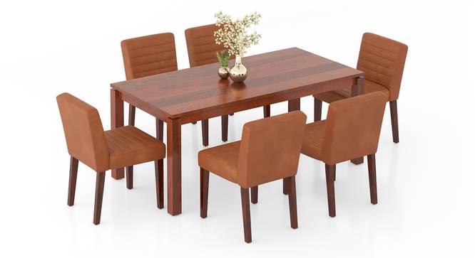 Atlas Solid Wood 6 Seater Dining Table in Danish Walnut Finish with  Set of 6 Ludo upholstered dining chair in Tan Leatherette (Tan Leatherette, HONEY Finish, 6 No of Chairs, 6 Table Seating Capacity) by Urban Ladder - - 