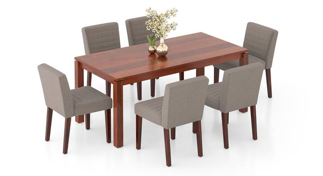 Atlas Solid Wood 6 Seater Dining Table in Danish Walnut Finish with  Set of 6 Ludo upholstered dining chair in Tan Leatherette (HONEY Finish, Shitake Beige, 6 No of Chairs, 6 Table Seating Capacity) by Urban Ladder - - 1004073