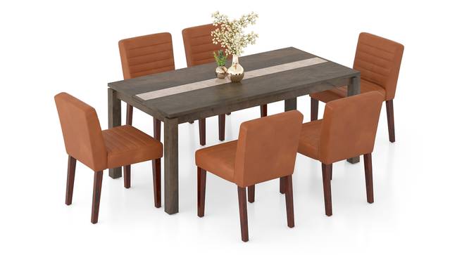 Atlas Crest Solid Wood 6 Seater Dining Table In Danish Walnut Finish with set of 6 Ludo Solid Wood Dining Chair in Tan Leatherette (Tan Leatherette, Danish Walnut Finish, 6 No of Chairs, 6 Table Seating Capacity) by Urban Ladder - - 1004075
