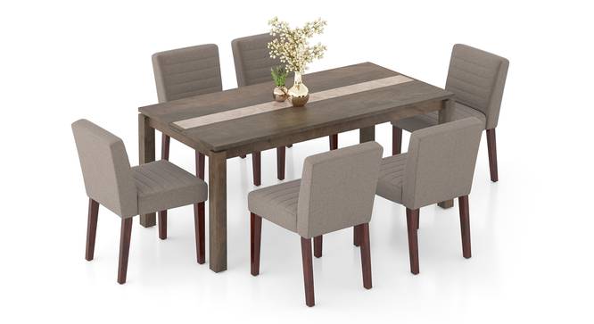 Atlas Crest Solid Wood 6 Seater Dining Table In Danish Walnut Finish with set of 6 Ludo Solid Wood Dining Chair in Tan Leatherette (Shitake Beige, Danish Walnut Finish, 6 No of Chairs, 6 Table Seating Capacity) by Urban Ladder - - 1004076