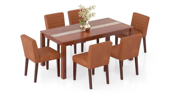 Atlas Crest Solid Wood 6 Seater Dining Table In Danish Walnut Finish with set of 6 Ludo Solid Wood Dining Chair in Tan Leatherette (Tan Leatherette, HONEY Finish, 6 No of Chairs, 6 Table Seating Capacity) by Urban Ladder - - 1004078