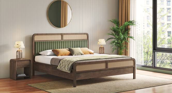 Hanoi Solid Wood Cane Queen Size - Non-storage - Bed In Danish walnut Finish, Fabric - Deep olive (King Bed Size, Danish Walnut Finish) by Urban Ladder - Front View Close View - 1004189
