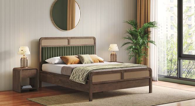 Hanoi Solid Wood Cane Queen Size - Non-storage - Bed In Danish walnut Finish, Fabric - Deep olive (Queen Bed Size, Danish Walnut Finish) by Urban Ladder - Close View - 1004195