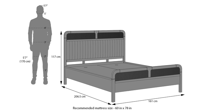 Hanoi Solid Wood Cane Queen Size - Non-storage - Bed In Danish walnut Finish, Fabric - Deep olive (Queen Bed Size, Danish Walnut Finish) by Urban Ladder - Dimension - 