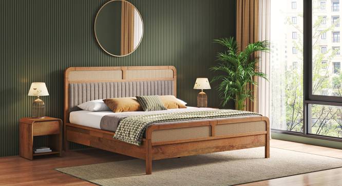 Hanoi Solid Wood Cane Queen Size - Non-storage - Bed In Danish walnut Finish, Fabric - Deep olive (King Bed Size, Amber Walnut Finish) by Urban Ladder - Side View - 1004225