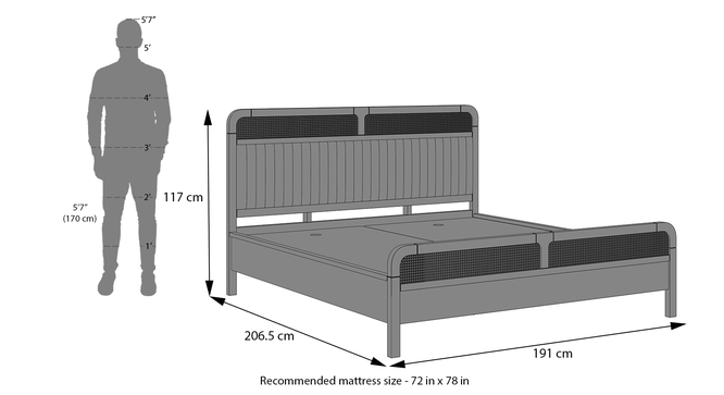 Hanoi Solid Wood Cane Queen Size - Non-storage - Bed In Danish walnut Finish, Fabric - Deep olive (King Bed Size, Amber Walnut Finish) by Urban Ladder - Dimension - 