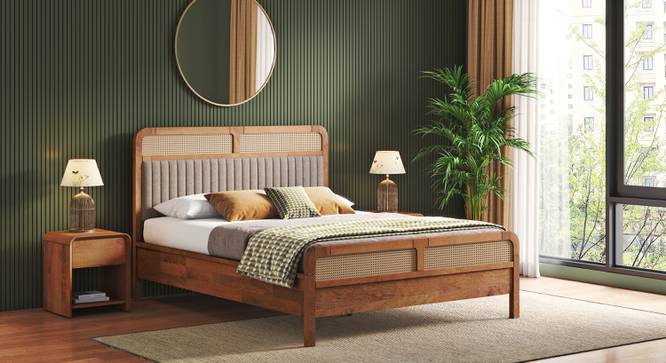 Hanoi Solid Wood Cane Queen Size - Non-storage - Bed In Danish walnut Finish, Fabric - Deep olive (Queen Bed Size, Amber Walnut Finish) by Urban Ladder - Side View - 1004231