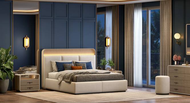 Valeria Upholstered King Bed With hydraulic storage (King Bed Size, Beige Finish, Hydraulic Storage Type) by Urban Ladder - - 
