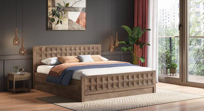 Baori Solid Wood King Size Hydraulic-Storage Bed In Danish Walnut Finish (King Bed Size, Hydraulic Storage Type, Danish Walnut Finish) by Urban Ladder - - 