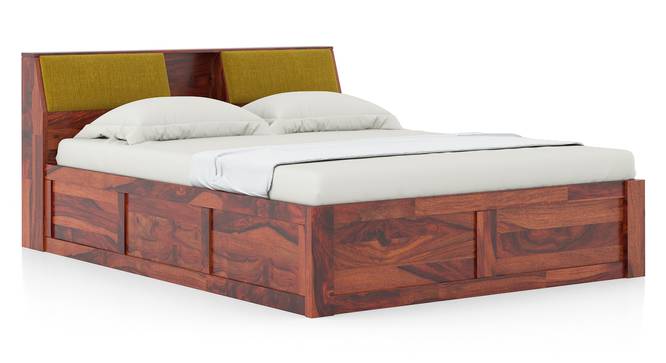 Jenning Solid Wood Queen Size Box Storage Bed In Honey Finish, Fabric - Olive Green Honduras (Queen Bed Size, HONEY Finish, Hydraulic Storage Type) by Urban Ladder - - 1005584