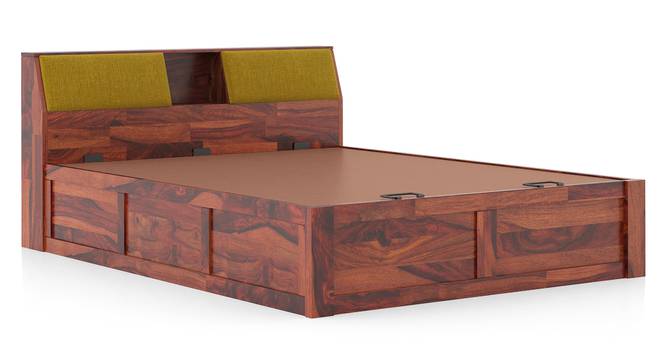 Jenning Solid Wood Queen Size Box Storage Bed In Honey Finish, Fabric - Olive Green Honduras (Queen Bed Size, HONEY Finish, Hydraulic Storage Type) by Urban Ladder - - 1005585