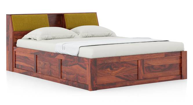Jenning Solid Wood Queen Size Box Storage Bed In Honey Finish, Fabric - Olive Green Honduras (Queen Bed Size, Box Storage Type, HONEY Finish) by Urban Ladder - - 1005599