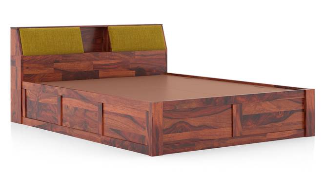 Jenning Solid Wood Queen Size Box Storage Bed In Honey Finish, Fabric - Olive Green Honduras (Queen Bed Size, Box Storage Type, HONEY Finish) by Urban Ladder - - 1005600