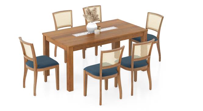 Brighton XL 6 Seater Dining Table with Reed cane dining chairs (Amber Walnut Finish, Night Blue Velvet, 6 No of Chairs, 6 Table Seating Capacity) by Urban Ladder - - 1006247