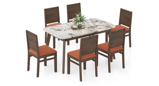 Lunar Alaska Exotic Stone 6 Seater Dining Table with Atlas Dining chair Set (Burnt Orange, Danish Walnut Finish, 6 No of Chairs, 6 Table Seating Capacity) by Urban Ladder - - 