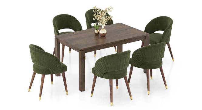 Atlas Solid Wood 6 Seater Compact Dining Table With 6 Celia Dining Chair (Danish Walnut Finish, Deep Olive Velvet, 6 No of Chairs, 6 Table Seating Capacity) by Urban Ladder - Front View Design 1 - 1008249