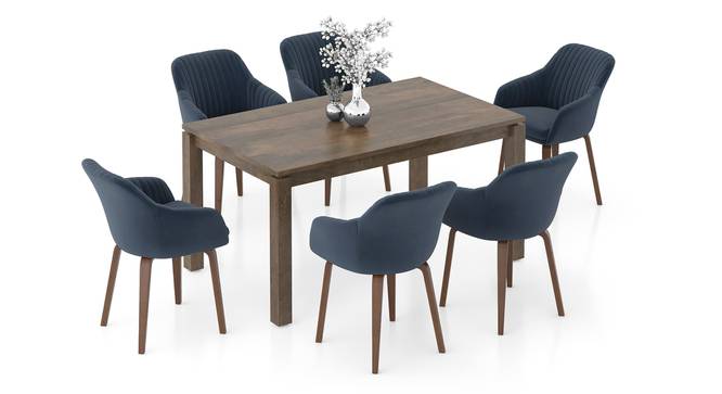Atlas Solid Wood 6 Seater Compact Dining Table with 6 Rochelle Lounge Chair (Marengo Grey Velvet, Danish Walnut Finish, 6 No of Chairs, 6 Table Seating Capacity) by Urban Ladder - Front View Design 1 - 1008250