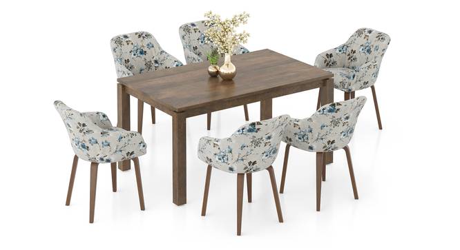 Atlas Solid Wood 6 Seater Compact Dining Table with 6 Rochelle Lounge Chair (Adrian Velvet, Danish Walnut Finish, 6 No of Chairs, 6 Table Seating Capacity) by Urban Ladder - Front View Design 1 - 1008251