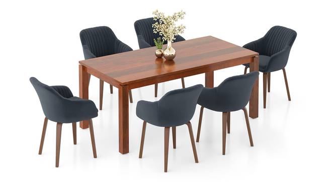 Atlas Solid Wood 6 Seater Compact Dining Table with 6 Rochelle Lounge Chair (Marengo Grey Velvet, HONEY Finish, 6 No of Chairs, 6 Table Seating Capacity) by Urban Ladder - Front View Design 1 - 1008252