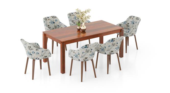 Atlas Solid Wood 6 Seater Compact Dining Table with 6 Rochelle Lounge Chair (Adrian Velvet, HONEY Finish, 6 No of Chairs, 6 Table Seating Capacity) by Urban Ladder - Front View Design 1 - 1008253