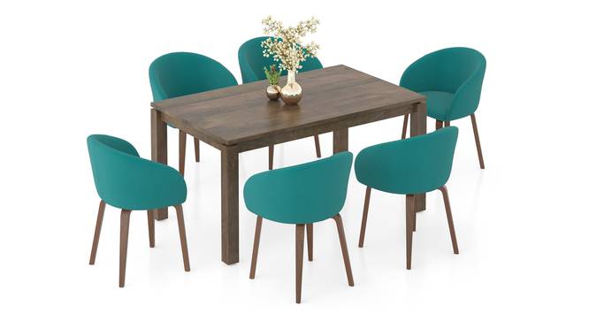 Atlas Solid Wood 6 Seater Compact Dining Table with 6 Meryl Lounge Chair (Teal, Danish Walnut Finish, 6 No of Chairs, 6 Table Seating Capacity) by Urban Ladder - Front View Design 1 - 1008260