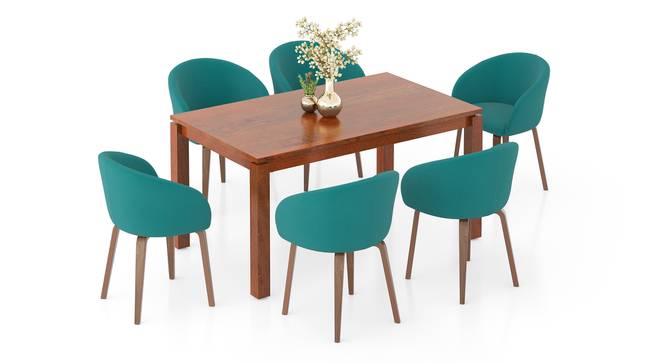 Atlas Solid Wood 6 Seater Compact Dining Table with 6 Meryl Lounge Chair (Teal, HONEY Finish, 6 No of Chairs, 6 Table Seating Capacity) by Urban Ladder - Front View Design 1 - 1008262