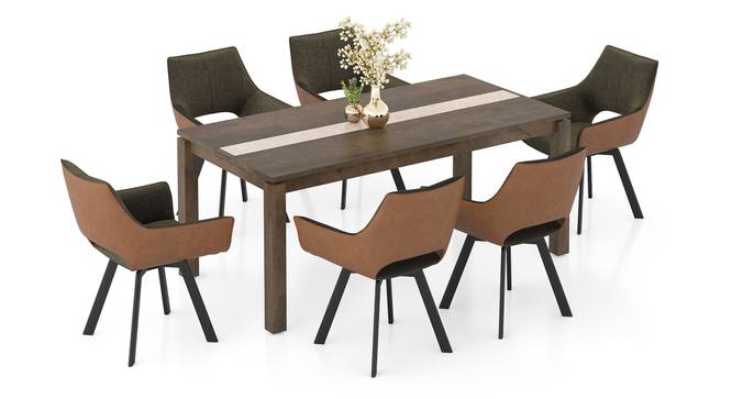 Atlas Crest Solid Wood 6 Seater Dining Table with Casey Swivel Dining Chair set of 6 (DUAL TONE, Danish Walnut Finish, 6 No of Chairs, 6 Table Seating Capacity) by Urban Ladder - Front View Design 1 - 1008267