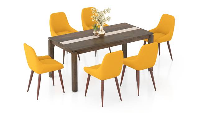 Atlas Crest Solid Wood 6 Seater Dining Table with 6 Rickman Lounge Chair (Matty Yellow, Danish Walnut Finish, 6 No of Chairs, 6 Table Seating Capacity) by Urban Ladder - Front View Design 1 - 1008272