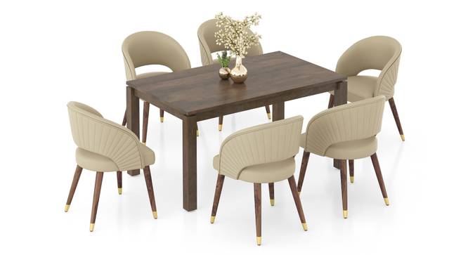 Atlas Solid Wood 6 Seater Compact Dining Table With 6 Celia Dining Chair (Ancient Ivory Cream Leatherette, Danish Walnut Finish, 6 No of Chairs, 6 Table Seating Capacity) by Urban Ladder - Front View Design 1 - 1008288