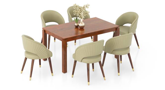 Atlas Solid Wood 6 Seater Compact Dining Table With 6 Celia Dining Chair (HONEY Finish, Ancient Ivory Cream Leatherette, 6 No of Chairs, 6 Table Seating Capacity) by Urban Ladder - Front View Design 1 - 1008289