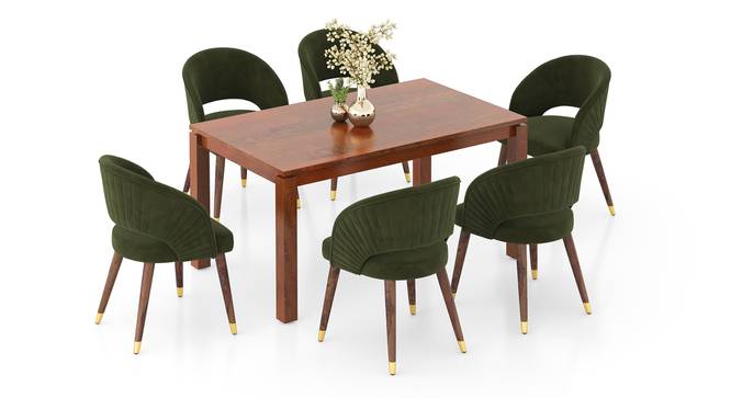 Atlas Solid Wood 6 Seater Compact Dining Table With 6 Celia Dining Chair (HONEY Finish, Deep Olive Velvet, 6 No of Chairs, 6 Table Seating Capacity) by Urban Ladder - Front View Design 1 - 1008290