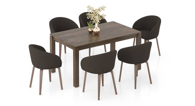 Atlas Solid Wood 6 Seater Compact Dining Table with 6 Meryl Lounge Chair (Dark Grey, Danish Walnut Finish, 6 No of Chairs, 6 Table Seating Capacity) by Urban Ladder - Front View Design 1 - 1008457