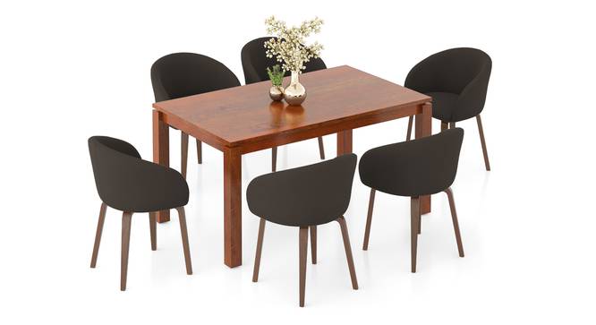 Atlas Solid Wood 6 Seater Compact Dining Table with 6 Meryl Lounge Chair (Dark Grey, HONEY Finish, 6 No of Chairs, 6 Table Seating Capacity) by Urban Ladder - Front View Design 1 - 1008458