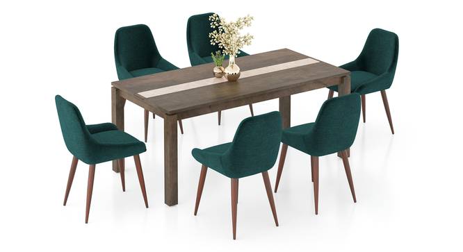 Atlas Crest Solid Wood 6 Seater Dining Table with 6 Rickman Lounge Chair (Jade Blue, Danish Walnut Finish, 6 No of Chairs, 6 Table Seating Capacity) by Urban Ladder - Front View Design 1 - 1008459