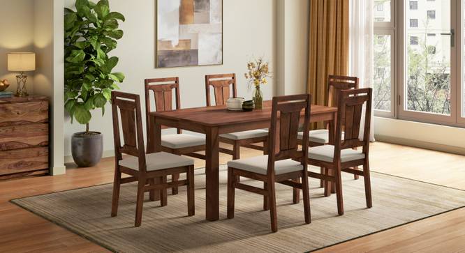 Arlo Teak Wood 6 Seater Storage Dining Table With Tessa Dining Chair (Teak Finish, Wheat Brown, 6 No of Chairs, 6 Table Seating Capacity) by Urban Ladder - - 