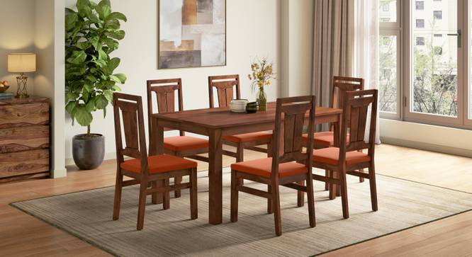 Arlo Teak Wood 6 Seater Storage Dining Table With Tessa Dining Chair (Teak Finish, Burnt Orange, 6 No of Chairs, 6 Table Seating Capacity) by Urban Ladder - - 
